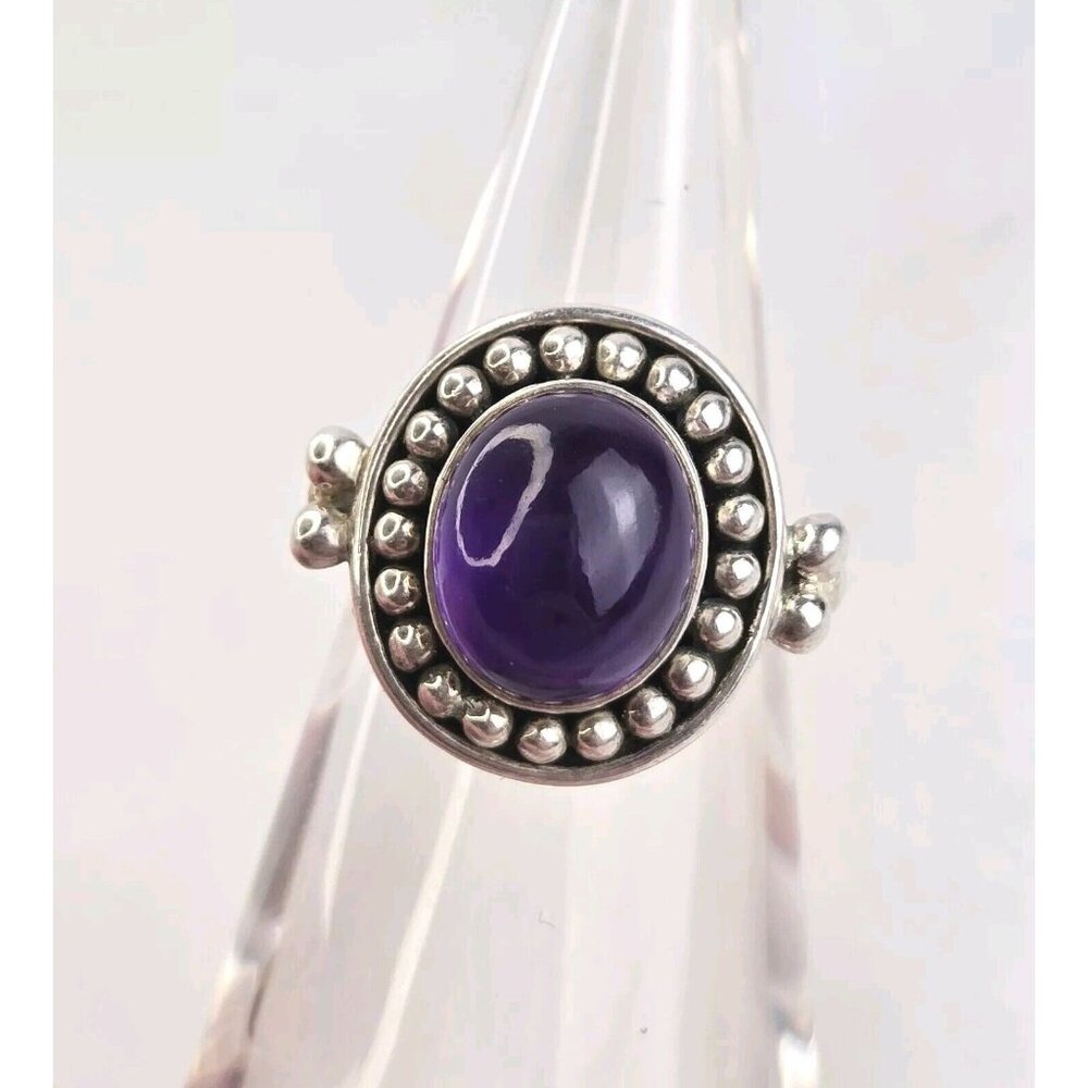 Vintage Sterling Silver Round Amethyst Stone Ring Size 7 India‎ 925